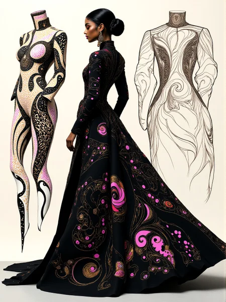A minimalistic black-toned low-angle illustration depicting a (Bangladeshi female chef:1.1) modelling a futuristic wedding dress that utilises toile and chenille material. The clothing tightly hugs the person and is decorated with intricate black and pink fractal designs. The overall feel of the image is dynamic and eldritch. Additionally, the backdrop shows comcept drawings of the clothing, rendered in fine flowing lines and appliqued bronzeleaf. The general effect is of timeless fine art elegance. <lora:midjourney_whisper_avant_couture_v01:1>