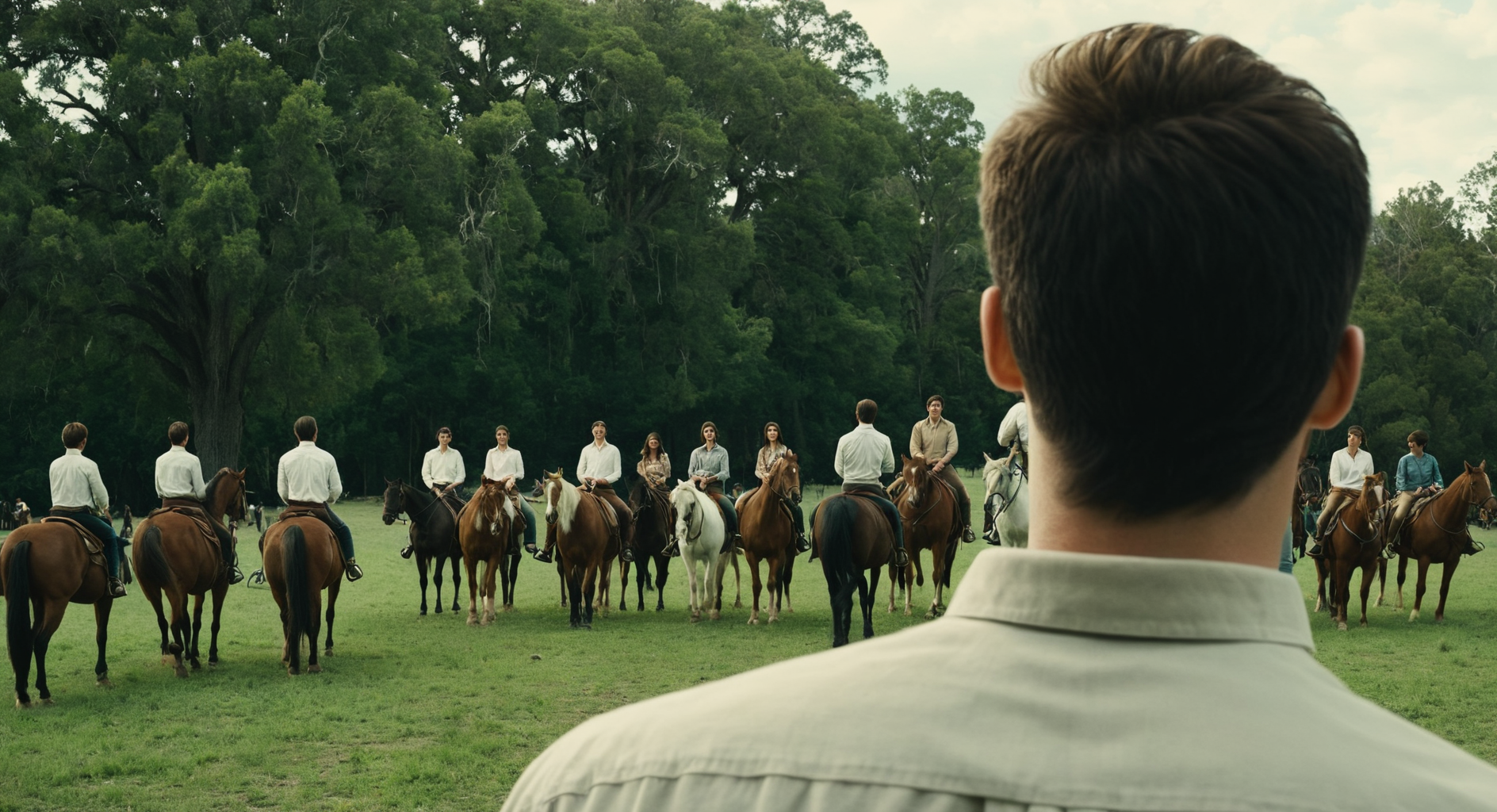 cinematic film still of  <lora:Split Diopter style:1>
Split image focus of a man's back at the left looking at a group of people riding horses far away,Split Diopter style,short hair,multiple girls,brown hair,shirt,black hair,white shirt,upper body,male focus,outdoors,multiple boys,sky,cloud,from behind,blurry,tree,grass,nature,field,eren yeager,nearsighted,farsighted,split,split focus,focus,sharp focus,deep focus,Split focus,split screen , artistic, Kodak, dramatic light, dramatic shadow light, contrast, saturated color, cinematic, filmic, motion picture, realistic, realism, perfection, perfect, deep focus, clean image, wide screen, detailed image, cinematic, deep space composition, shallow depth of field, vignette, highly detailed, high budget, bokeh, cinemascope, moody, epic, gorgeous, film grain, grainy
