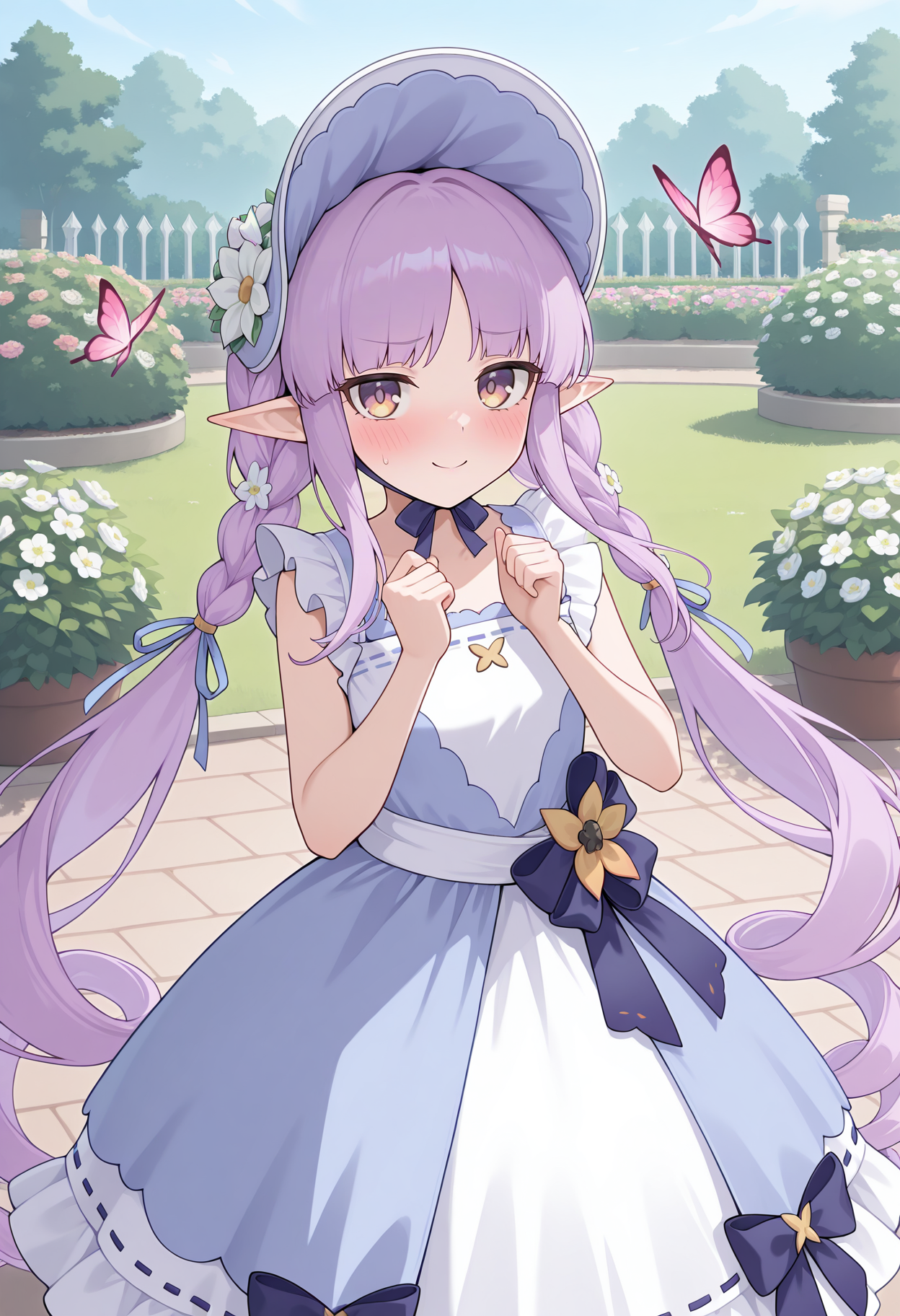 highres, best quality, masterpiece,
1girl, solo, blush, garden, outdoors, pcrkyoka, purple hair, very long hair, elf, twintails, ringlets, kyokaspr, low twintails, twin braids, bonnet, two-tone dress, white dress, blue dress, ribbon-trimmed dress, flower, blue ribbon, white flower, ribbon trim, white sash, dress bow, sleeveless, frills, smile, dynamic pose, hands up, looking at viewer, embarrassed, pink butterfly, <lora:_kyouka_pcr-elesico-ilxlC:1>