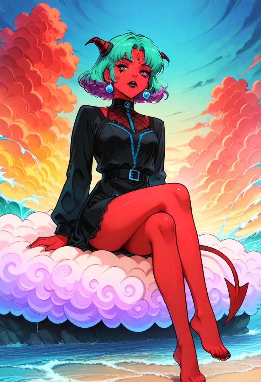 score_9, score_8_up, score_8, score_9, score_8_up, score_7_up, score_6_up, masterpiece, 4k, high quality, (best quality:1.1), (digitally drawn hyper-realistic artwork:1.3), (retro pop anime art:1.2), (gothic woman:1.3), (red skin:1.2), (eye makeup:1.2), (dark eyes:1.1), (black lips:1.1), (tall:1.3), (devil's tail:1.2), (black gown:1.2), (short skirt:1.2), (barefoot:1.1), (sitting on fluffy clouds:1.5), (blue accents:1.1), (waves made of lines:1.3), (electrical colors:1.4), (neon pink:1.2), (cobalt blue:1.2), (lime green:1.2), (bright yellow:1.2), (electric orange:1.2), (ultraviolet purple:1.2), (fluorescent teal:1.2), (crimson red:1.2). g0thic, neon,, DnD_Grainyboyz, grainy, noise