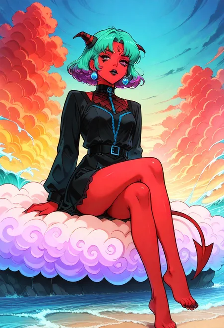 score_9, score_8_up, score_8, score_9, score_8_up, score_7_up, score_6_up, masterpiece, 4k, high quality, (best quality:1.1), (digitally drawn hyper-realistic artwork:1.3), (retro pop anime art:1.2), (gothic woman:1.3), (red skin:1.2), (eye makeup:1.2), (dark eyes:1.1), (black lips:1.1), (tall:1.3), (devil's tail:1.2), (black gown:1.2), (short skirt:1.2), (barefoot:1.1), (sitting on fluffy clouds:1.5), (blue accents:1.1), (waves made of lines:1.3), (electrical colors:1.4), (neon pink:1.2), (cobalt blue:1.2), (lime green:1.2), (bright yellow:1.2), (electric orange:1.2), (ultraviolet purple:1.2), (fluorescent teal:1.2), (crimson red:1.2). g0thic, neon,, DnD_Grainyboyz, grainy, noise