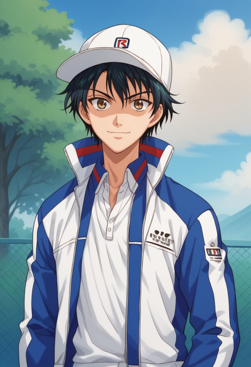 score_9, score_8_up, score_7_up, source_anime, highly detailed, 
echizen, 1boy, male focus, solo, black hair, short hair, hat, baseball cap, white headwear, brown eyes, sportwear, tennis uniform, jacket, track jacket, open jacket, open clothes, smile, determined
outdoor, sky, tree, cloud