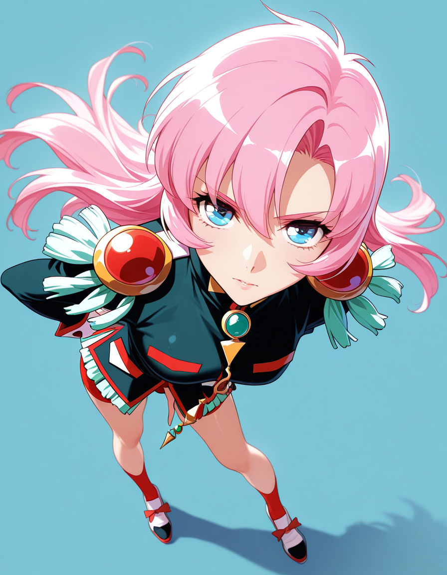 masterpiece,best quality,amazing quality,very aesthetic,high resolution,ultra detailed,perfect details,simple background,<lora:mai_ki_style:1>,mai_ki_style,
1girl,tenjou utena,full body,standing,dutch angle,dynamic pose,<lora:Saitou Chiho_illustriousXL:1>,tenjou utena,from above,