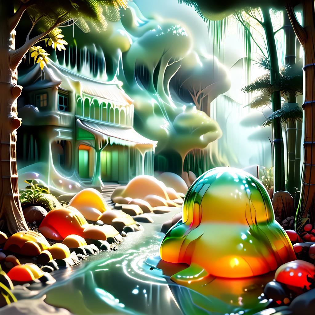 scenery made out of slime, bamboo made out of slime, green slime bamboo, brown slime wicker fence, brown slime pagoda, red slime brick path, 
BambooforP, background, bamboo forest, path,
everything made of slime, No simple background,
((translucent slime)), ((transparent slime)), (bioluminescent slime), sl1m3, slime, ais-blmn, watce, je11y, thickwater, great lighting, ral-lava