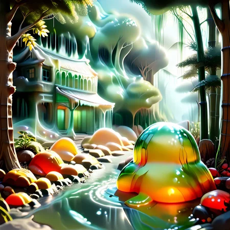 scenery made out of slime, bamboo made out of slime, green slime bamboo, brown slime wicker fence, brown slime pagoda, red slime brick path, 
BambooforP, background, bamboo forest, path,
everything made of slime, No simple background,
((translucent slime)), ((transparent slime)), (bioluminescent slime), sl1m3, slime, ais-blmn, watce, je11y, thickwater, great lighting, ral-lava