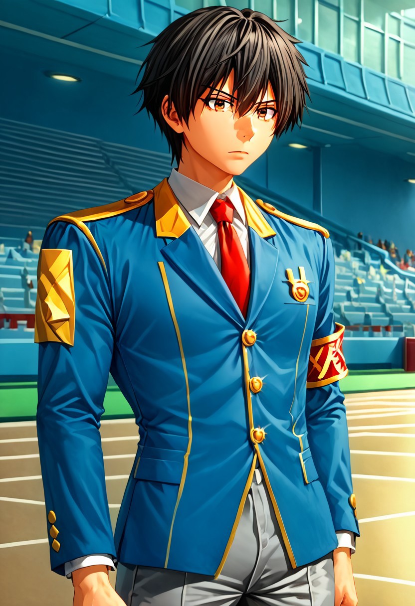 high resolution, solo, best quality, 1Boy, Seiya Kanie, Black Hair, Short Hair, Thin, Brown Eyes, a white dress shirt under a dark blue jacket with golden accents, gold aiguillettes worn on the right shoulder, a red tie, gray pants, and a red armband on it around his left arm, manager, theme park,