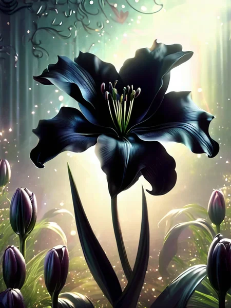DonMM4g1cXL fantasy black lily flower ingrid-elias-style lens flare, ominious fairyland background <lora:ingrid_elias_style_v2:1> <lora:DonMM4g1cXL-v2.1:1>