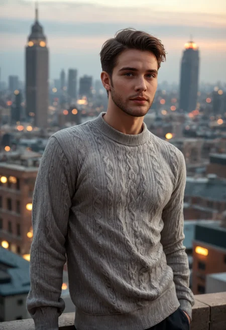 score_9, score_8_up, score_7_up, (masterpiece, best quality, ultra-detailed, realistic), closeup photo of a man wearing fitted sweater, facial hair, blurred city skyline, urban rooftop, twilight, natural light, city lights, subtle backdrop, intense and introspective mood, skin texture, modern (rugged:0.4) aesthetic, thoughtful expression, charismatic, bokeh, cinemascope, moody, epic, gorgeous, film grain