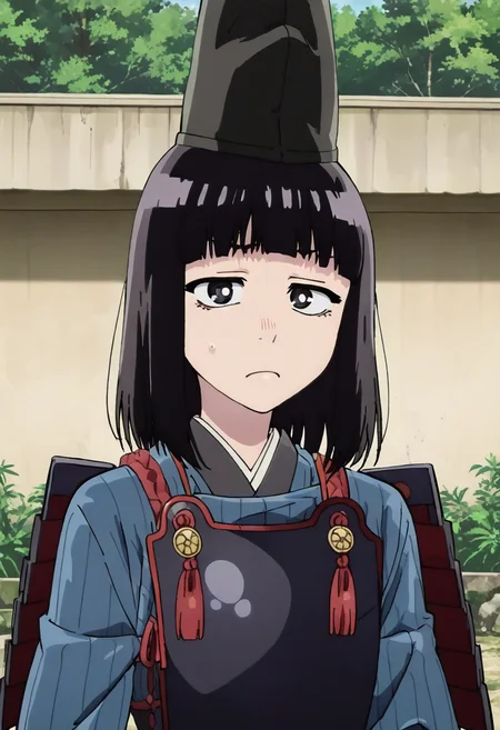 masterpiece, best quality, absurdres, detailed skin, detailed eyes, anime colored, anime screencap,
<lora:Suzushiro_Hatsuka_IL-000008:1>, 1 boy, femboy, Suzushiro Hatsuka, solo, black hair, black eyes, bangs, looking at viewer,
<lora:oyoroi-000008:0.6>, oyoroi, armor, shoulder armor, kusazuri,
<lora:tateeboshi-000001:1>, eboshi, tateeboshi, large hat,
frown,
riverside,