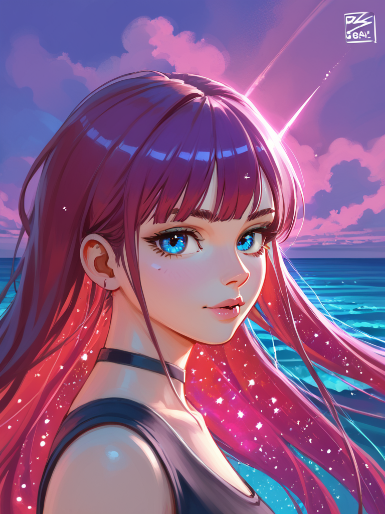PDXL, <lora:KajpoV1:1>, k4jp0, volumetric reflections, volumetric shadows, HDR, shot on Canon DSLR,
1girl, cute face, detailed eyes, long red hair, blue eyes, upper body BREAK galaxy in the background, clouds