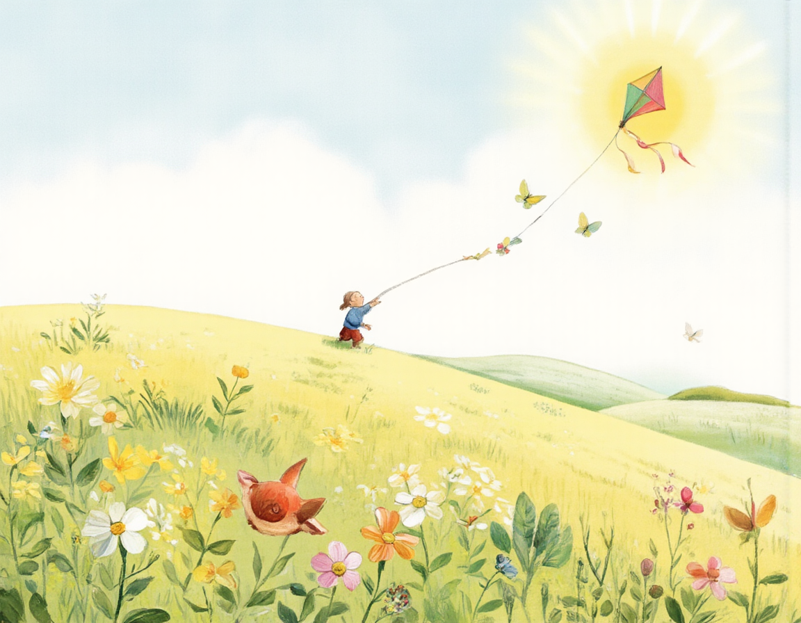 <lora:SUT_NEW:1>, A child flying a kite on a windy spring day, surrounded by blooming flowers and butterflies, illustrated in the style of Vitaly Suteev â cheerful color palette, simple yet expressive shapes, warm sunlight, flat vector style with gentle shading, classic Russian picture book illustration