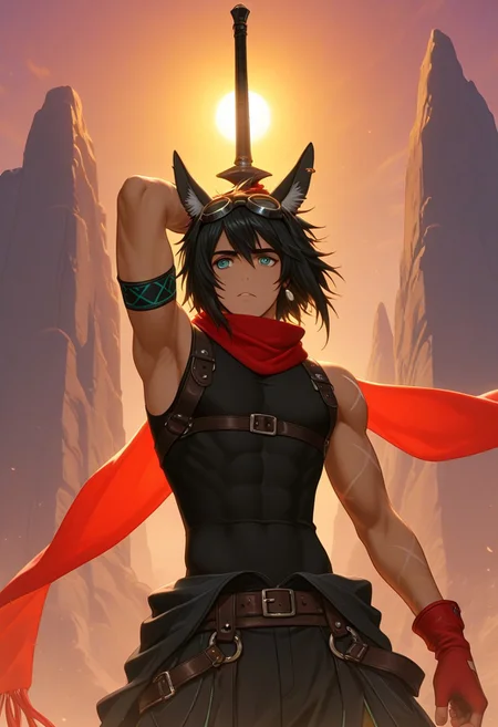 Anime, anime screencap, anime coloring, official art, 1male only, 1boy only, male focus, tall body, tall height, lean figure, toned body, Courier, black hair, animal ears, goggles on head, blue green eyes, long white earring, see-through sleeveless shirt, chest harness, long red scarf, single armband, arm scars, fingerless red gloves, black jacket tied around waist, orange accents, baggy pants, criss cross double belts, cowboy shot, head to hips shot, fantasy land background, fantastical scenery, sunset, outside, dramatic lighting, long red scarf flowing in the wind, long sword, holding long sharp sword, action pose, fight stance, fierce, movement effect, raised arm, armpit