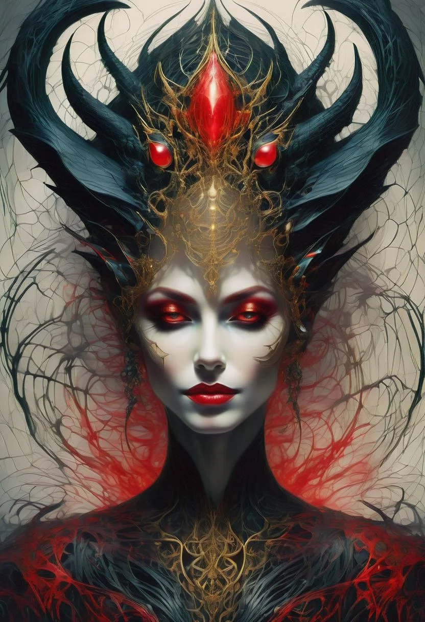 Illustrate the haunting allure of an eerie succubus, a creature of dark seduction and supernatural beauty, envisioned by the artist Ardon Mordecai. The succubus stands in a dimly lit chamber, bathed in an ethereal, otherworldly glow that accentuates her flawless, alabaster skin and cascading obsidian locks. Her eyes, pools of mesmerizing darkness, gleam with an insatiable hunger as they fixate on the viewer with a mix of fascination and malice. Long, slender horns curve gracefully from her temples, adding a touch of infernal elegance to her visage. Her delicate, elongated fingers, adorned with sharp, blood-red talons, beckon with a promise of forbidden pleasures. Dressed in sheer, flowing garments that cling to her curves, she exudes an aura of danger and desire, a dark temptress who lures the unwary into her web of seduction and sin. The air around her crackles with a palpable sense of malevolence, as if the very essence of the room recoils from her presence. This eerie succubus embodies a twisted beauty that both captivates and terrifies, a tantalizing enigma that challenges the boundaries of mortal desire and fascination.