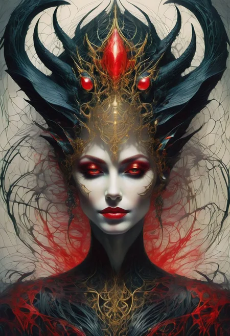 Illustrate the haunting allure of an eerie succubus, a creature of dark seduction and supernatural beauty, envisioned by the artist Ardon Mordecai. The succubus stands in a dimly lit chamber, bathed in an ethereal, otherworldly glow that accentuates her flawless, alabaster skin and cascading obsidian locks. Her eyes, pools of mesmerizing darkness, gleam with an insatiable hunger as they fixate on the viewer with a mix of fascination and malice. Long, slender horns curve gracefully from her temples, adding a touch of infernal elegance to her visage. Her delicate, elongated fingers, adorned with sharp, blood-red talons, beckon with a promise of forbidden pleasures. Dressed in sheer, flowing garments that cling to her curves, she exudes an aura of danger and desire, a dark temptress who lures the unwary into her web of seduction and sin. The air around her crackles with a palpable sense of malevolence, as if the very essence of the room recoils from her presence. This eerie succubus embodies a twisted beauty that both captivates and terrifies, a tantalizing enigma that challenges the boundaries of mortal desire and fascination.