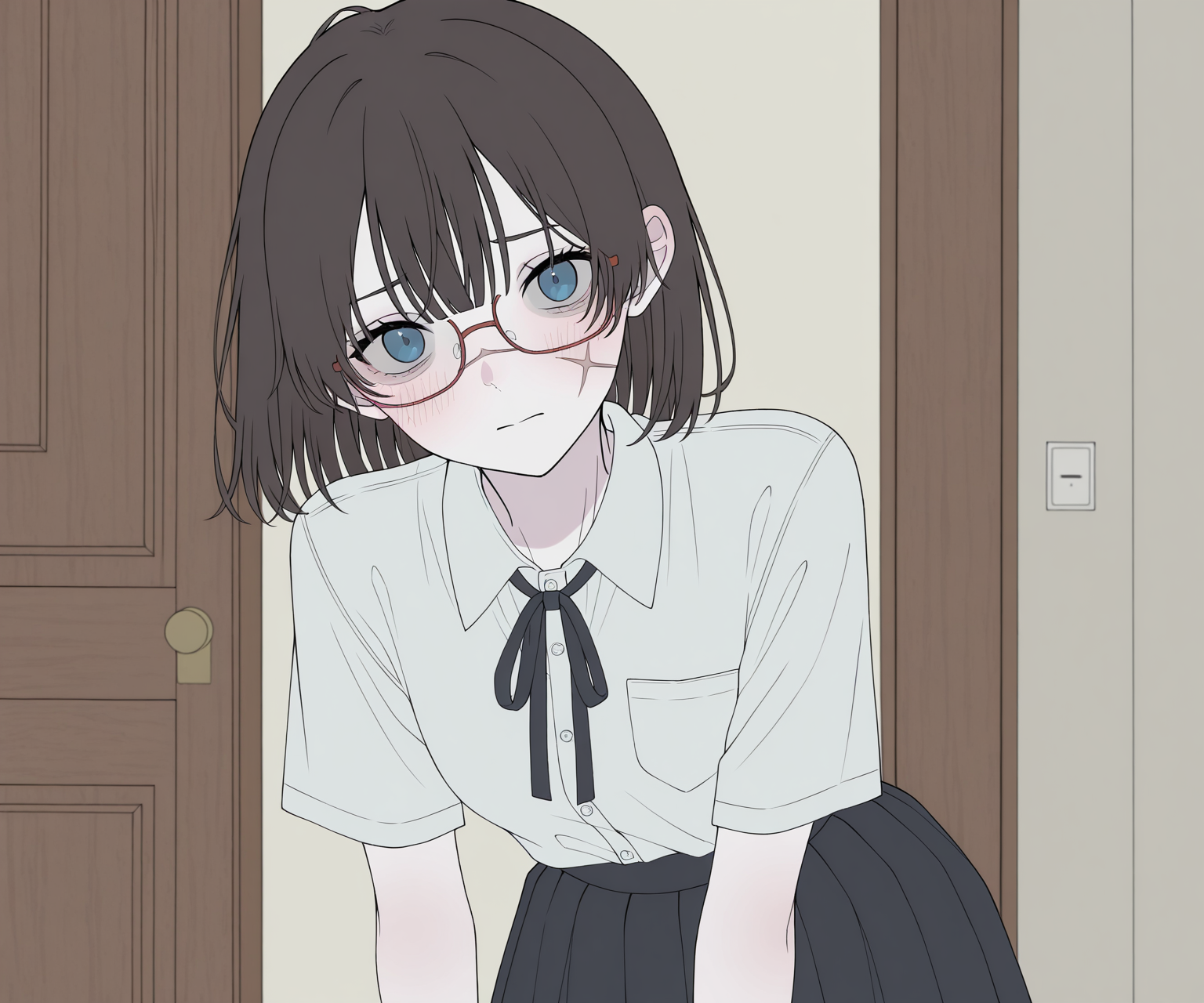 masterpiece, best quality, amazing quality, , 1girl, solo, glasses, scar on face, looking at viewer, shirt, skirt,  <lora:Happiiakujikijp ILL-v2:1> happiiakujikijp, detailed background