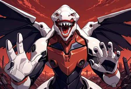 score_9, score_8_up, score_7_up, source_anime, <break> solo, Mass Production EVA, White Evangelion, mecha, robot, sharp teeth, open mouth, wings looking at you, fakemrbeast, hands up, apocalyptic background, red sky,
