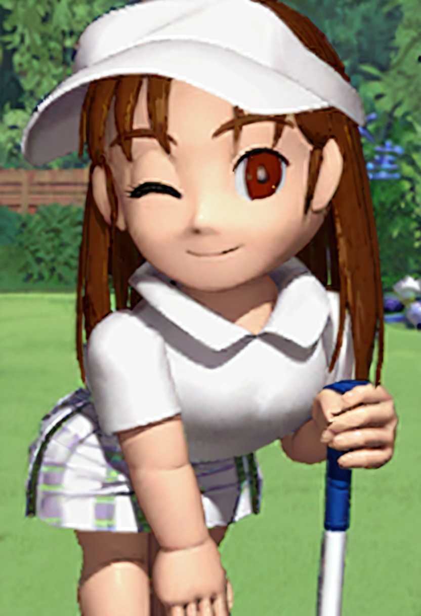 maryhsg, score_9, score_8_up, score_7_up, 1girl, solo, golf course, brown hair, brown eyes, looking_at_viewer, bent over, shortstack, golf club, white crop top, white skirt, miniskirt, wink, smile