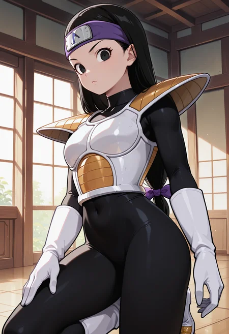 Tsch, 1girl, black hair, low-tied long hair, black eyes, purple bow, forehead protector, white saiyan armor, shoulder pad, black bodysuit, white gloves, white boots, looking at viewer, indoors, best quality, very aesthetic, masterpiece,