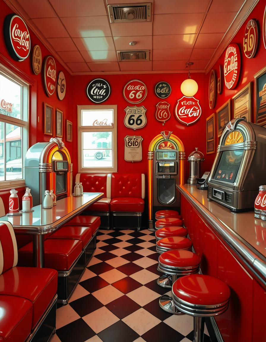 A classic 1950s American diner with a nostalgic retro atmosphere. The interior features red and white leather booth seating, chrome-trimmed tables, and a long counter with matching red barstools. A vintage jukebox with colorful neon lights stands against the wall, ready to play rock 'n' roll hits. The checkered black-and-white floor contrasts with pastel-colored walls adorned with Coca-Cola signs, Route 66 memorabilia, and classic diner menus. A row of shiny chrome napkin dispensers and glass salt and pepper shakers sit neatly on the tables. A milkshake machine and an old-fashioned soda fountain rest behind the counter, next to a vintage cash register. Large windows let in soft daylight, reflecting off the gleaming surfaces, creating a warm and inviting retro ambiance.
<lora:SDXLFaeTastic2400:0.4> <lora:extremely_detailed:0.4> extremely detailed,1950s American d1n3r, <lora:1950s_American_d1n3r-i:1>, Masterpiece,best quality,hi res,8k,hi res,8k,award winning,(sharp focus, intricate, highly detailed),