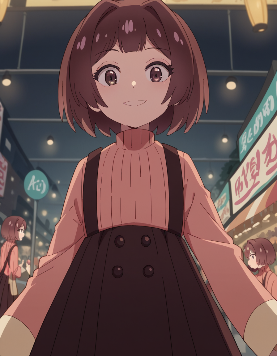 score_9, score_8_up, score_7_up, source_anime, <lora:sakura-sonoue-s1-ponyxl-lora-nochekaiser:1>, sakura sonoue, short hair, bangs, brown hair, brown eyes, hair intakes, bob cut,, skirt, long sleeves, sweater, suspenders, high-waist skirt, brown skirt, suspender skirt, pink sweater, street market, vendor, street food, bustling crowd, local flavor, vibrant, smile, , smile, from below, solo,, cowboy shot, dutch angle