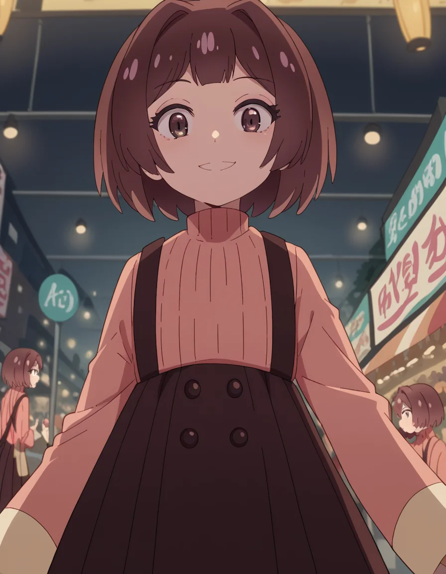 score_9, score_8_up, score_7_up, source_anime, <lora:sakura-sonoue-s1-ponyxl-lora-nochekaiser:1>, sakura sonoue, short hair, bangs, brown hair, brown eyes, hair intakes, bob cut,, skirt, long sleeves, sweater, suspenders, high-waist skirt, brown skirt, suspender skirt, pink sweater, street market, vendor, street food, bustling crowd, local flavor, vibrant, smile, , smile, from below, solo,, cowboy shot, dutch angle