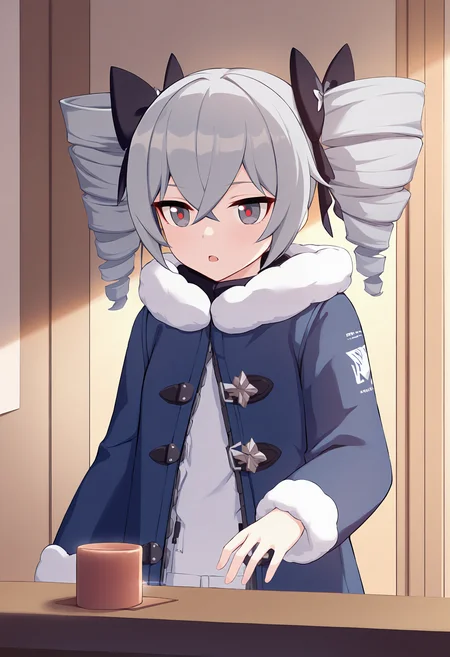 masterpiece, best quality,,detailed_background,indoors,at tart,1girl,solo,highres,black bow,hair between eyes,twin drills,honkai \(series\),fur trim,honkai impact 3rd,bronya zaychik,bronya zaychik \(snowy sniper\),drill hair,grey hair,grey eyes,open mouth,multiple hair bows,bow,blue coat,hair bow,long sleeves,upper body,coat,fur-trimmed coat