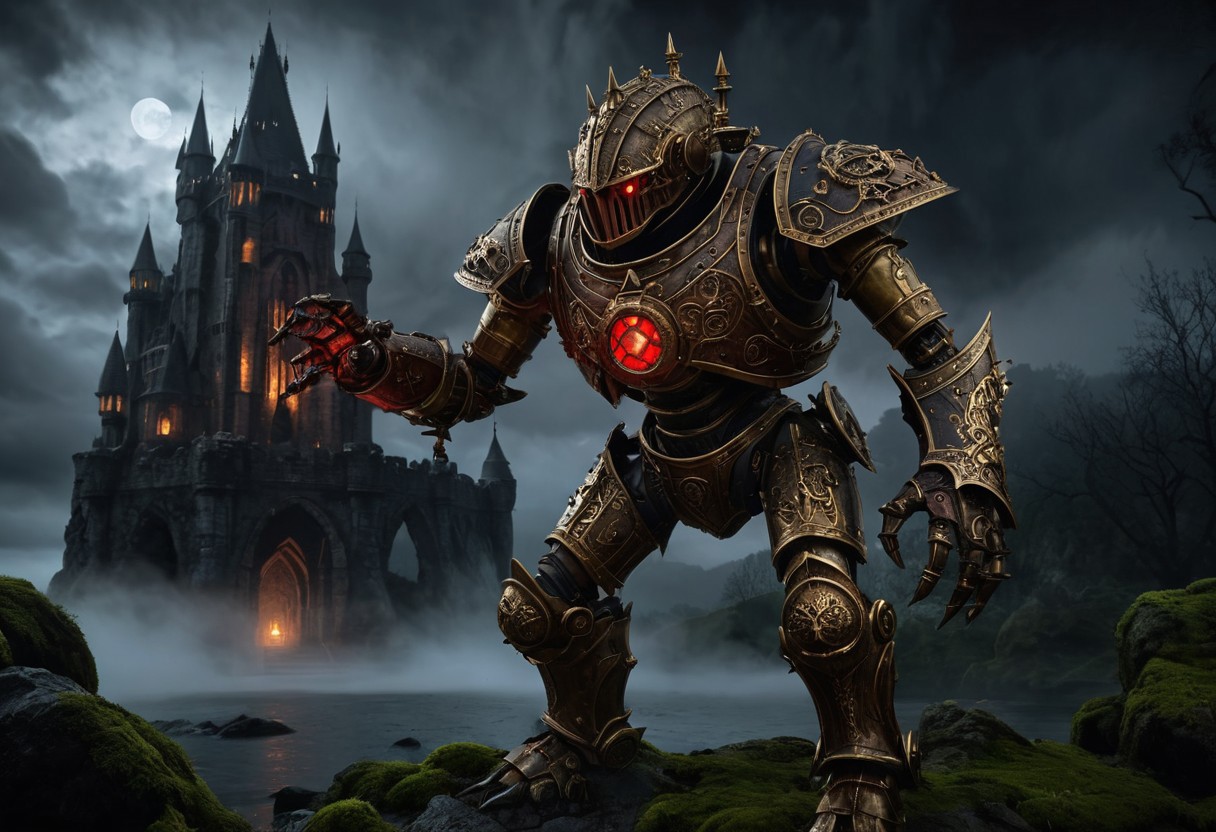 giant bipedal robot brass and dark ivory and red striped paint, bronze paisley robot. lacy robot metal. spiked helmet head. outside of a steampunk keep. large detailed torso. dark image. one forty foot tall ancient robot with great arms and two heavy spring legs. dark foggy night background. $dark foggy night image only. dark photo realistic image. steampunk details. cogs, chains and pipes incorporated in the fantasy buildings. magic wizards tower in background. Dark swamp, moss, castle ruins, wizards tower. stormy dark night.  stormy sky.  rain