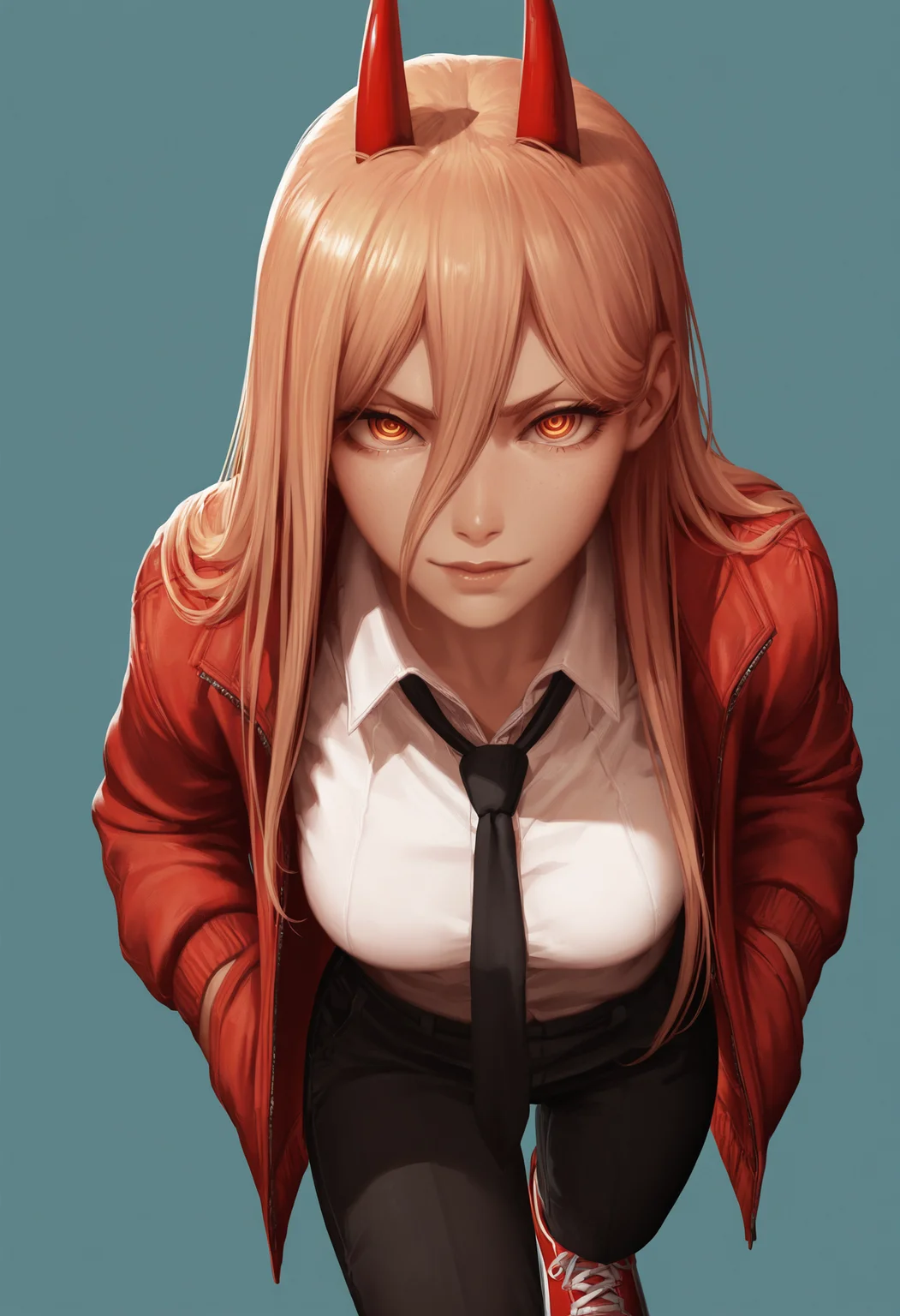 masterpiece, best quality, absurdres, highres, 1girl, black necktie, necktie, solo, long hair, horns, red eyes, shirt, jacket, white shirt, pants, black pants, red footwear, collared shirt, shoes, blonde hair, blue background, simple background, power \(chainsaw man\), hands in pockets, facing viewer, looking at viewer, ringed eyes, leaning forward, close-up, red jacket, from above, upturned eyes,
<lora:luminyu_ill:1>
