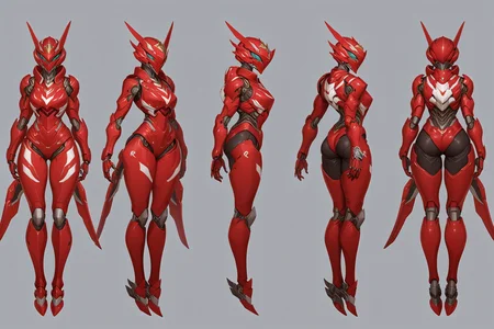 (GENERAL:0), mecha, robot, masterpiece, best quality, very aesthetic, absurdres, solo, standing,
(VIEWS:0), full body character turnaround of mecha,
Multiple views of the same mecha, (simple background, white background:1.2), multiple views, side view, back view, front view,
,
mask, helmet,
(Creature Ref:0),
Magpie\(animals\)
ï¼
(Mecha Ref:0),
Tekkaman Blade,
plate armor, power suit, alien,
android, cybersuit, upper armor, mechanical arms, machinery, prosthesis,
(bodyshape:0), Lanky body,
(clothing:0), (Button-down frilled shirt tied at the waist, paired with a tiered boho long skirt and sandals:0.6),
(red
Gothic theme character design:1.1),
<lora:MechTurnXLRemix_v1:.5>
<lora:MechTurnXL_v1:.5>
<lora:ClothTurnXLRemix_v1-000004:.25>
<lora:ClothTurnXL_v1-000004:0.25>
<lora:CharTurnXL_v2:0.25>
<lora:xl_more_art-full_v1:.25>,
<lora:Alphonse Mucha Style:.1>, Alphonse Mucha Style page
<lora:å½é£æç»SDXL:.1>
<lora:mecha:.2><lora:EnvyMechaGirlXL01:.5> <lora:EnvyMechaGirlXL02:.38>