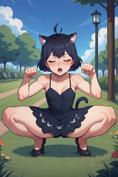 score_9, score_8_up, score_7_up, score_6_up, source_anime, BREAK 1girl, <lora:secre-pdxl-nvwls-v1-000006:1> secre, horns, black hair, bare shoulders, spaghetti straps, black dress, blush, closed eyes, open mouth, cat ears, paw pose, crouching, black shoes, park, blue sky, grass