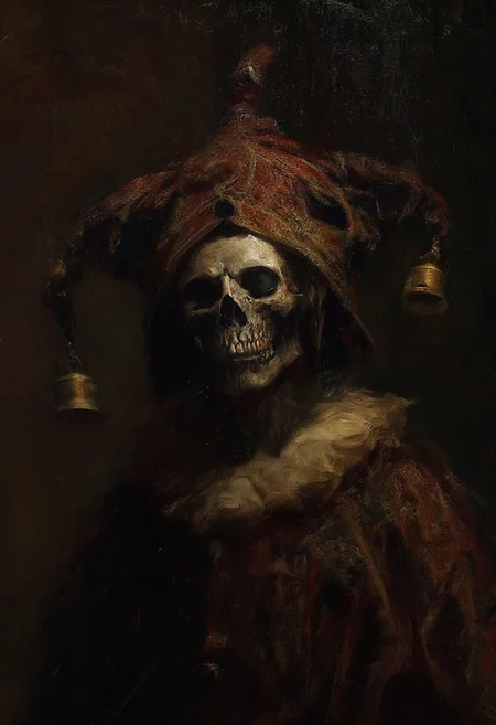 An atmospheric and powerful dark fantasy, natural organic and impressionist classical-style painting of a striking close-up of a grinning skull adorned with an elaborate jester’s hat, crafted in deep red and gold fabric, its bells aged but still gleaming faintly in the dim light. The skull’s grin is wide, almost unnervingly lifelike, with subtle cracks along the bone hinting at age and mystery. The fabric of the hat is finely embroidered yet slightly frayed, showing years of use, the folds casting deep shadows across the skeletal visage. Rich oil-paint textures and masterful brushstrokes bring a classical, Old World depth to the scene, evoking the craftsmanship of Renaissance portraiture. The background fades into a darkened blur of rich, velvety blacks and deep ochres, as if lost in the candlelit halls of an ancient Imperial court or the dimly lit corners of an Altdorf performance stage. The atmosphere is equal parts theatrical and ominous, a relic of humor and tragedy entwined, perfectly suited to the grim, storied world of Warhammer Fantasy.
