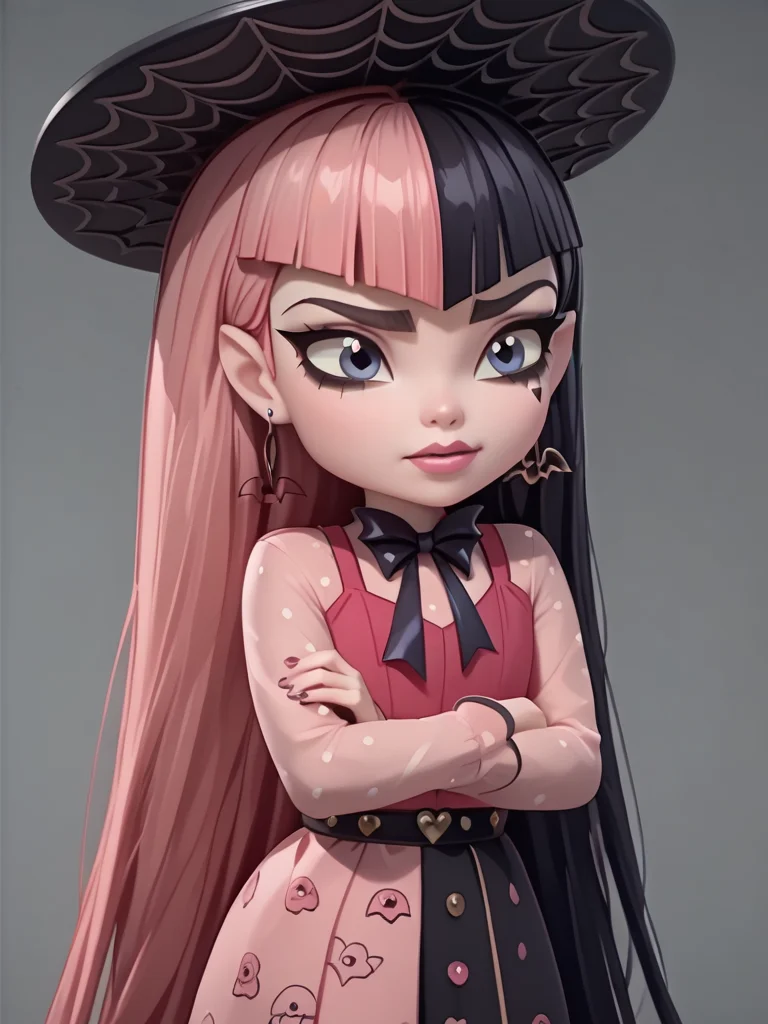 <lora:Draculora-000007:1>draculaura, streaked hair, two-tone hair, pink hair, black hair, 1girl, long hair, solo, hat