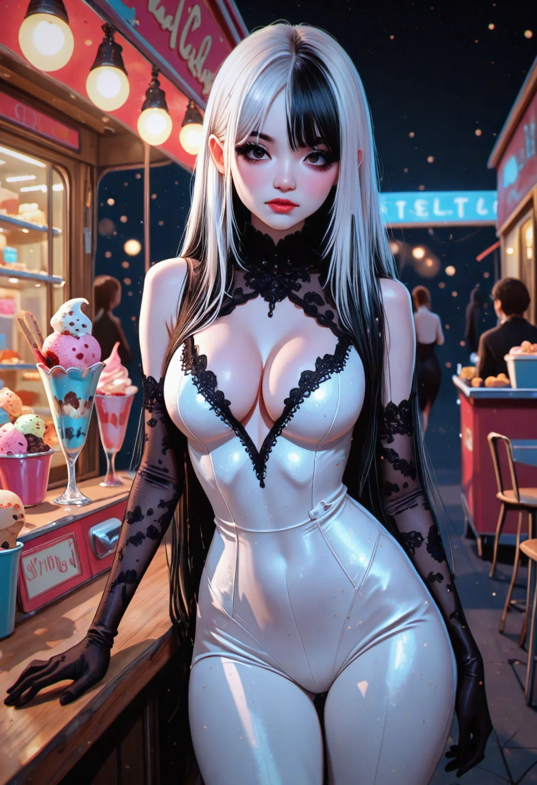 masterpiece,best quality,amazing quality, a beautiful girl, sensual, seductive, with bold eyeliner, dark makeup, cheeky expression, closed mouth, large covered breasts, beautiful cleavage, white skin tight lace bodysuit, slim body, small waist, gloves, lace elbow gloves, gloves. long white hair with pink strands, multicolored hair. irresistible beauty, unusual composition, highly detailed, Soft Shadows, catchlights, shadow, dim, opulent darkness, dark ambiance, blue backlit, volumetric backlit, front sparkles, detailing, over the shoulder shot,full shot,ice cream stand,style by eric canete,fine grain