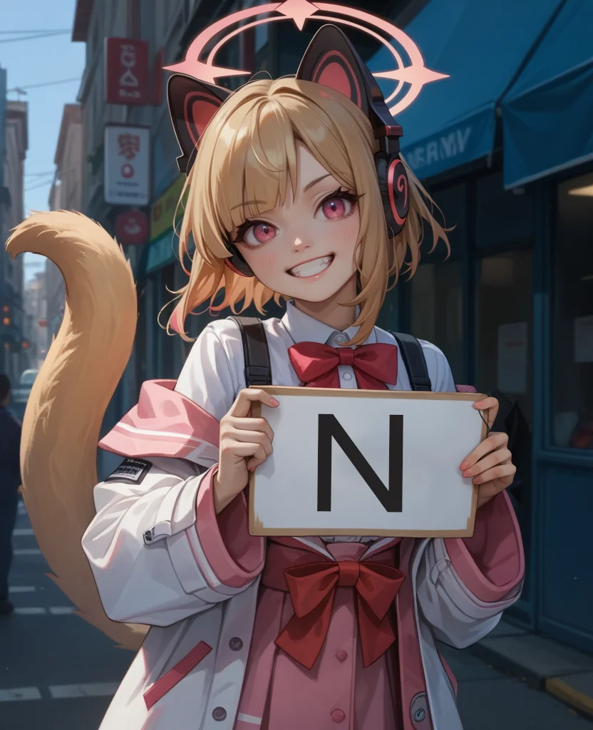 score_9, score_8_up, score_7_up, score_6_up, score_5_up, score_4_up
1girl,momoi-default,momoi \(blue archive\),pink eyes,blonde hair,halo,animal ear headphones, tail,jacket front red bow,waist up shot,grin,holding a sign with "N" written on it,
<lora:momoi-default_blue archive_PONY_last:0.7>