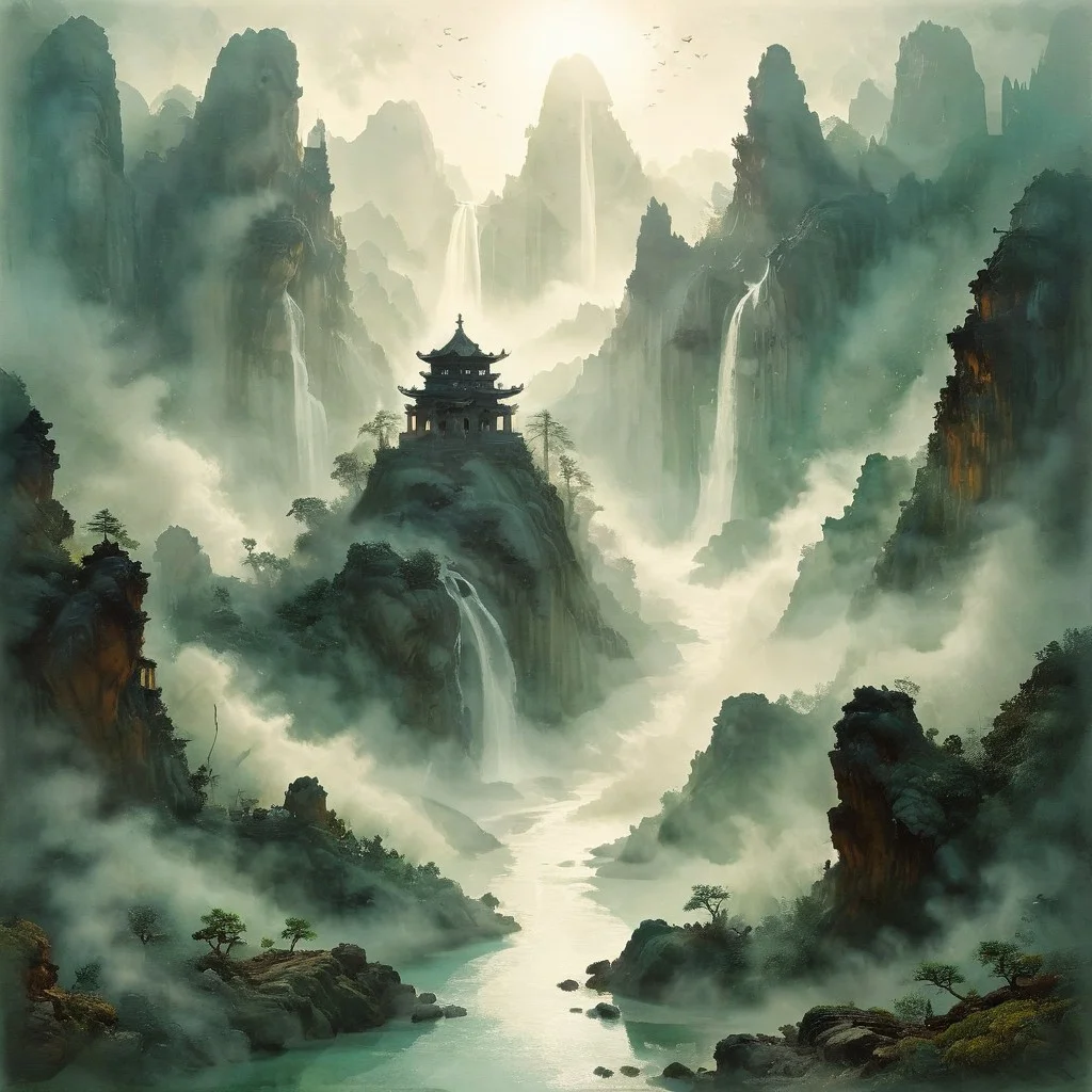 (Ink illustration on parchment, watercolor, ink splashes, Ukiyo-E). ((watercolor)), ((Chinese landscape)), Pagodas, Red-Trees, landscape focus, small figure off-side, Chinese Mountains, Rivers, Clouds, with watercolor washes, (((verdant green landscape))), (((mist, waterfalls))), trees, lush foliage, endless karth mountains that stretch outward to the horizon, a lone woman traversing the landscape!! wearing a bright blue cloak to make the miniscule figure stand out in a landscape dotted with the ruins of an ancient destroyed civilisation, crumbling stone, degraded buildings and temple, a long magical aurora borealis stretching across the sky, a broken moon high in the sky partially turned into an asteroid belt, a Saturn-like ringed-planet world, flickers of magical energy illuminating the land, in the far distance a giant wall of smoke is rising from the shattered earth in which a multitude of faces are forming and screaming, Ink splashes, rough ink sketch, Ghibli style, high contrast, stylized, dark skin, close up on face, head and shoulder, leather medieval top with lowered hood, Art Nouveau Style, detailxl, BadDream, dioramas,