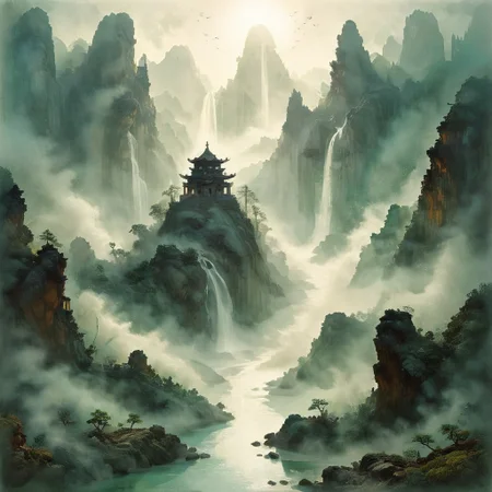 (Ink illustration on parchment, watercolor, ink splashes, Ukiyo-E). ((watercolor)), ((Chinese landscape)), Pagodas, Red-Trees, landscape focus, small figure off-side, Chinese Mountains, Rivers, Clouds, with watercolor washes, (((verdant green landscape))), (((mist, waterfalls))), trees, lush foliage, endless karth mountains that stretch outward to the horizon, a lone woman traversing the landscape!! wearing a bright blue cloak to make the miniscule figure stand out in a landscape dotted with the ruins of an ancient destroyed civilisation, crumbling stone, degraded buildings and temple, a long magical aurora borealis stretching across the sky, a broken moon high in the sky partially turned into an asteroid belt, a Saturn-like ringed-planet world, flickers of magical energy illuminating the land, in the far distance a giant wall of smoke is rising from the shattered earth in which a multitude of faces are forming and screaming, Ink splashes, rough ink sketch, Ghibli style, high contrast, stylized, dark skin, close up on face, head and shoulder, leather medieval top with lowered hood, Art Nouveau Style, detailxl, BadDream, dioramas,