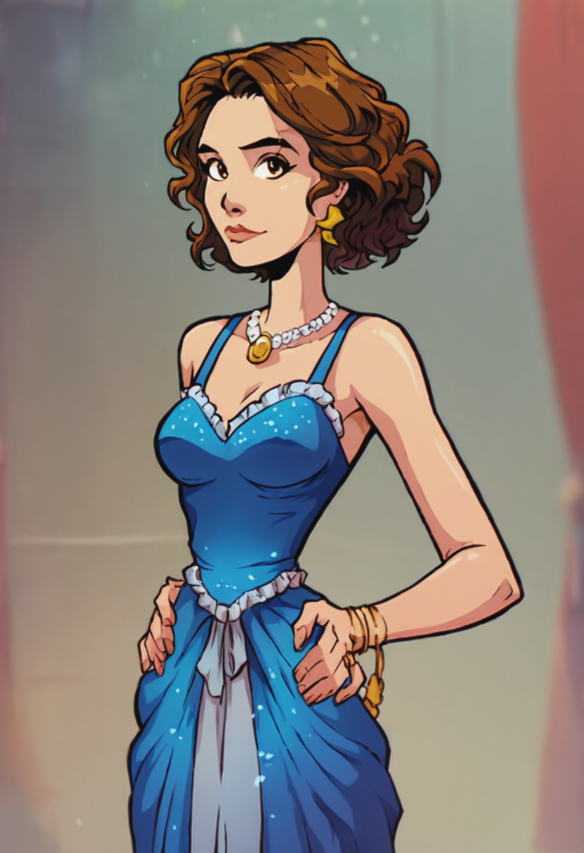 score_9, score_8_up, score_7_up, 1girl, portrait, solo, Dancing with both hands on hips, vanishing_point, (Viridian Gown), Medium Brown hair, cropped_torso, rating_safe, <lora:pony\artist_styles\akabur_pony:1.0>