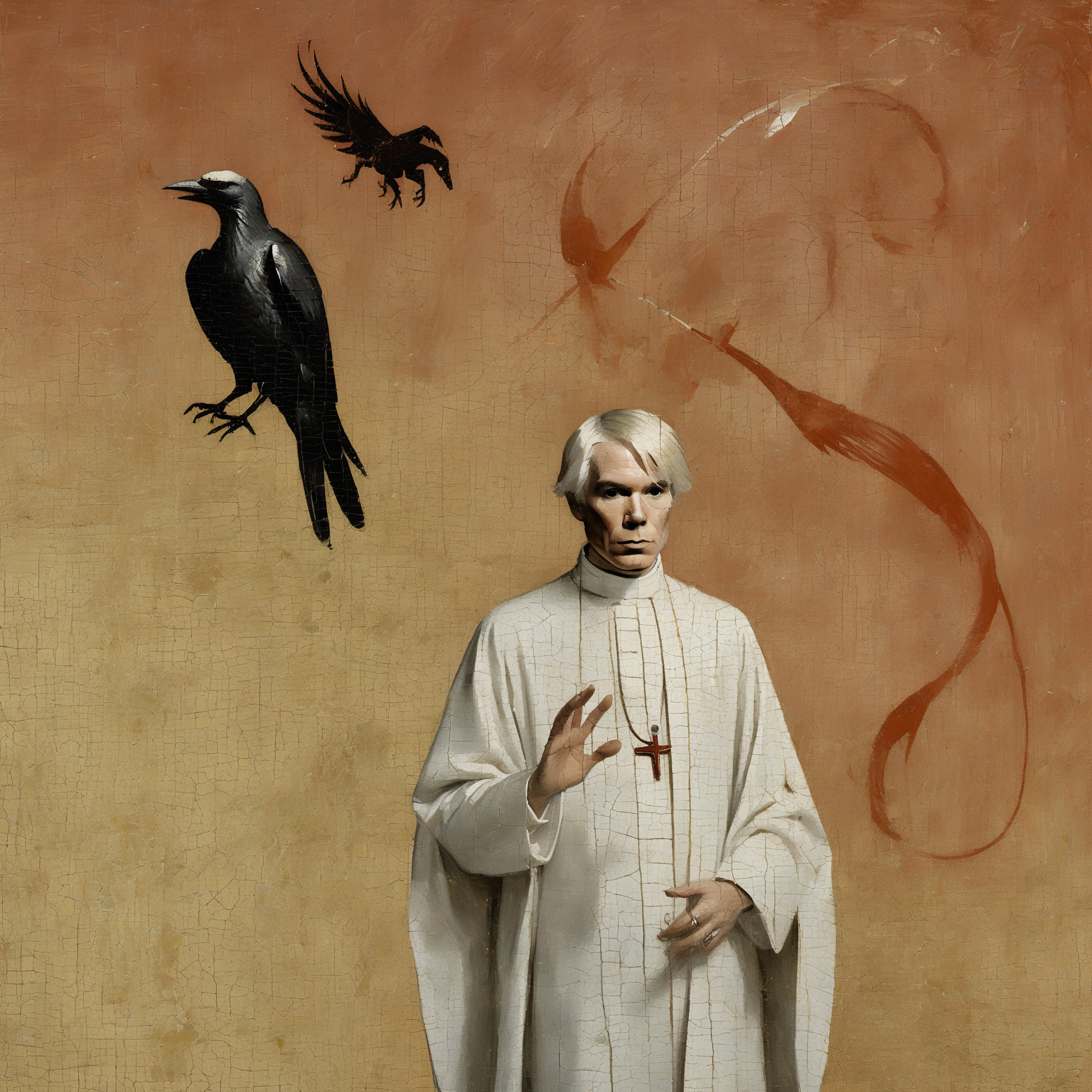 <lora:Bosch_Creatures-000010:0.6>, (portrait of Andy Warhol:1.2), cracked paint texture, background is mars, (pegasus in background:0.5), claws, priest, robe,  (ripples:0.1), Bosch_Creatures,