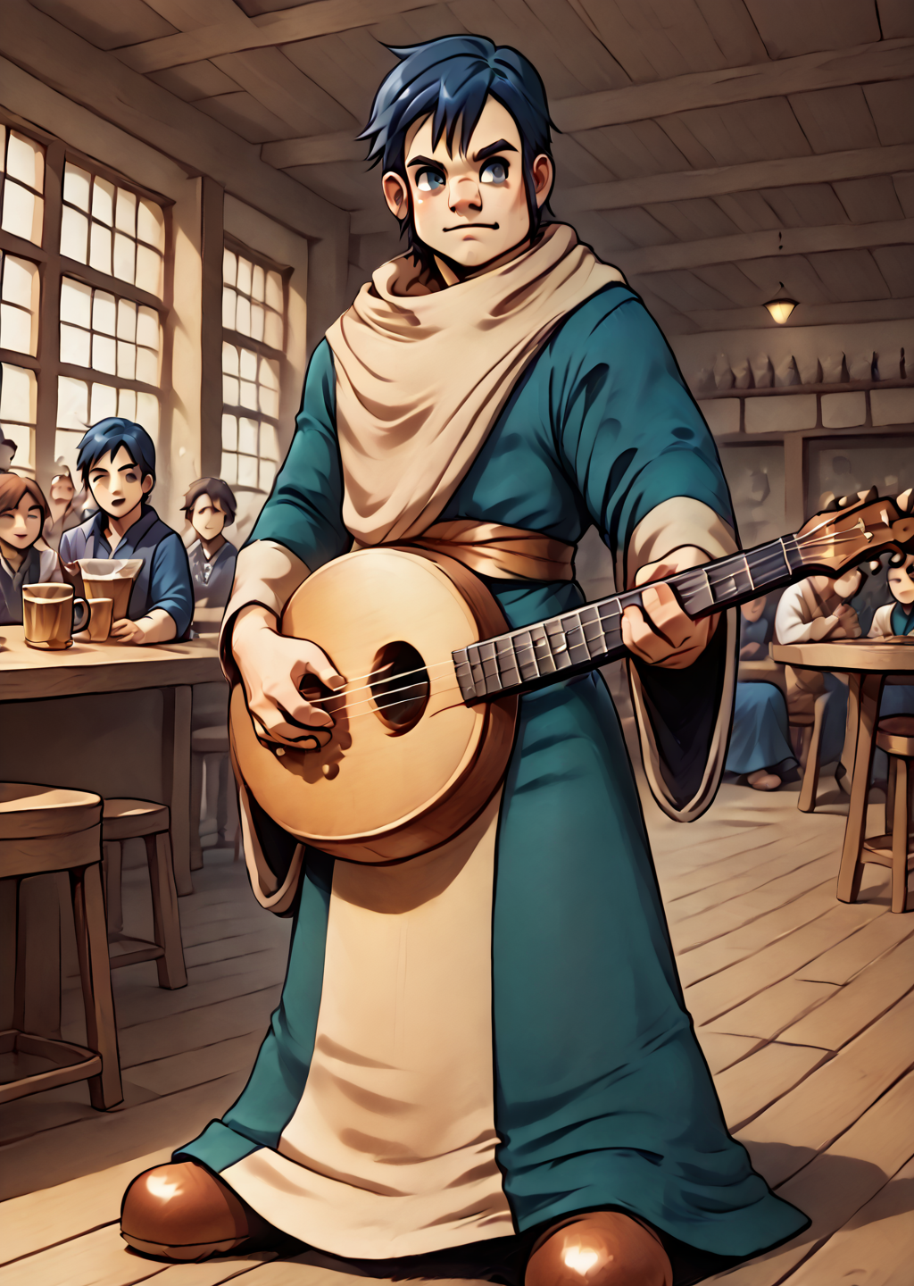 Lowe, playing lute, playing instrument, crowded tavern, dynamic scene, lute_(instrument),   <lora:Lowe-000012:1> <lora:lute_instrument_holding_instrument:1>
