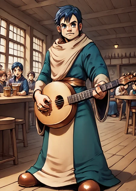 Lowe, playing lute, playing instrument, crowded tavern, dynamic scene, lute_(instrument), <lora:Lowe-000012:1> <lora:lute_instrument_holding_instrument:1>