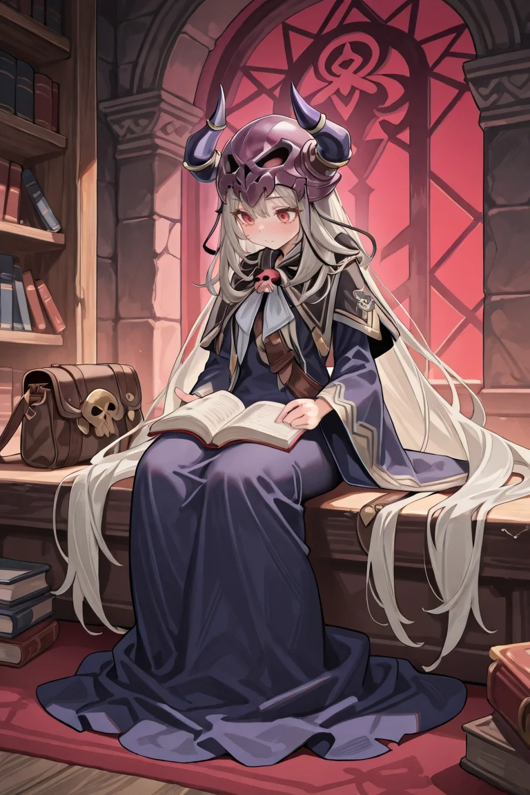 masterpiece, very aesthetic, absurdres, best quality, amazing quality, high resolution, <lora:illustrious_quality_modifiers_masterpieces_v1:0.8> , <lora:ChamIllustriousBackgroundEnhancer:0.5>, solo, <lora:NecromancerIL:0.8> , necdef, 1boy, red eyes, long hair, very long hair, grey hair, skull, horned helmet, horns, fake horns, skull brooch, black capelet, robe, long sleeves, bag, sitting, academy, reading book, full body, walking,