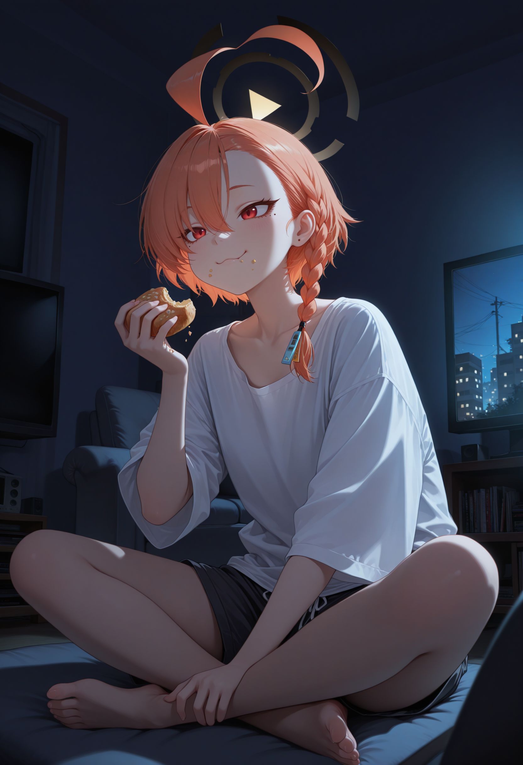 masterpiece, best quality, newest, very awa, 
 <lora:Neru illu:1> 1girl, halo, mole under eye, red eyes, orange hair, single braid, ahoge, short hair, huge ahoge, asymmetrical bangs
 looking at screen, 1girl, solo, smile, :3, crumbs on face, holding, food ,  white shirt, shorts, sitting, sitting in front of television, eating, indoors,couch, indian style, feet, television, night, contrast, dark room, apartment,