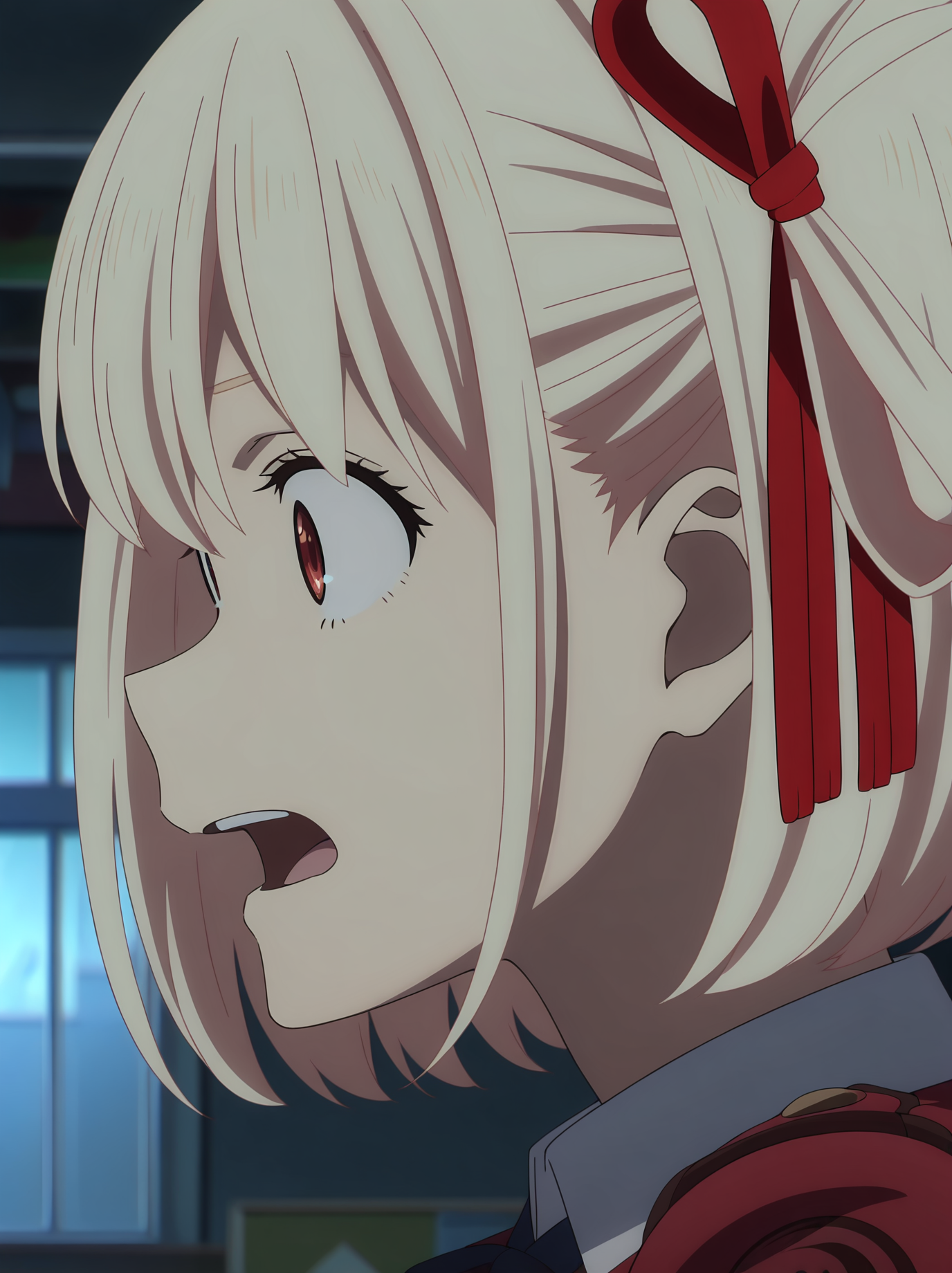 <lora:Chisato_Nishikigi:0.8>,nishikigi_chisato, 1girl, solo, blonde short hair, red eyes, red lycoris uniform, logo on shoulder, red hair ribbon, white collared shirt, open mouth, teeth, portrait, shocked, scared, wide open eyes, looking ahead, from side, profile, dark, indoors, blurry background, window, cropped