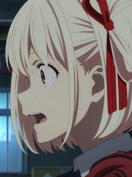 <lora:Chisato_Nishikigi:0.8>,nishikigi_chisato, 1girl, solo, blonde short hair, red eyes, red lycoris uniform, logo on shoulder, red hair ribbon, white collared shirt, open mouth, teeth, portrait, shocked, scared, wide open eyes, looking ahead, from side, profile, dark, indoors, blurry background, window, cropped