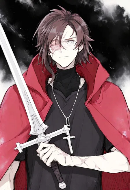 Solo , 1 boy , score_9, score_8_up, score_7_up, score_6 , day , grass background , blazblue, Akai_rose , brown facial hair , grey eyes , eye scar in left eye , black t-shirt , red cape , wearing cross necklace , looking at viewer , front view , angry , upper body only, upper body focus , closed eyes , neck lateral flexion , holding silver sword in front of his face , half of the face is covered by the sword