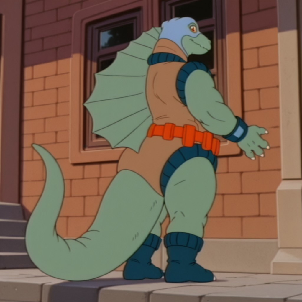masterpiece, best quality, amazing quality,  DimetroDsil, anthro, male, Dimetrodon, green skin, orange eyes, light blue face mask, tan bodysuit, blue trim, orange belt, blue wristband, blue boots, claws, back sail, outside, , solo, 1boy, full body