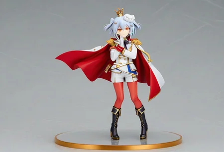 tamakiRoyal, 1boy, dghd, dog hair ornament, hair ornament, blue hair, grey hair, orange eyes, short hair, crown, white gloves, neck ribbon, black ribbon, sleeve cuffs, uniform, red leggings, white jacket, long sleeves, cape, red cape, knee boots, black footwear, fold-over boots, epaulettes, aiguillette, armband, white shorts, white belt,