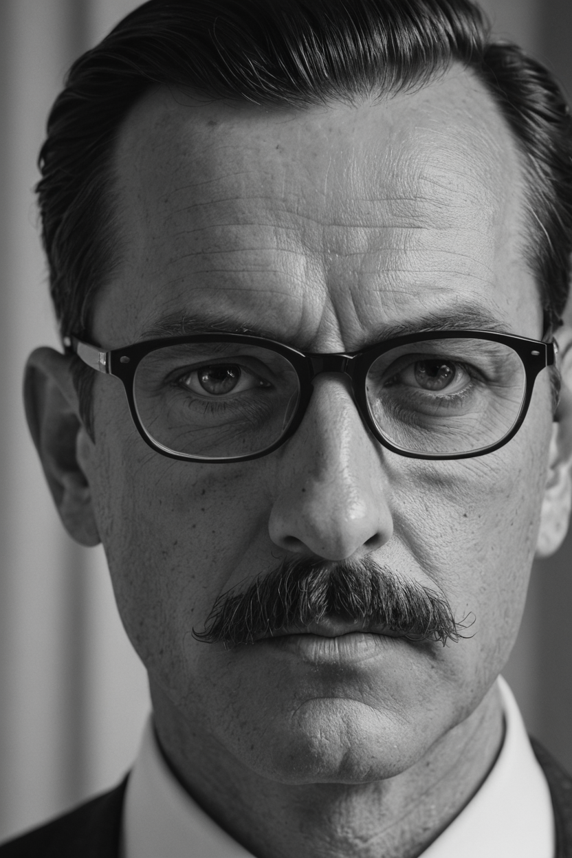 A close-up portrait of a man with moustache and glasses,looking serious into the camera. Black and white,high contrast,reminiscent of the cinematography of Freddie Young