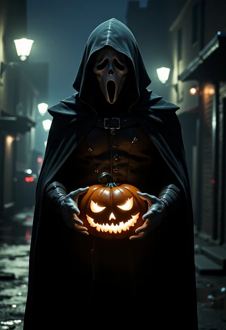 hyper realistic, ultra high quality, horror movie style, a photo of a man in a black cape with hood wearing a white mask from the movie scream, holding a pumpking with helloween face on it in his hands, in a narrow street, light from a few street lamps, dark mood, misty background at night, little light