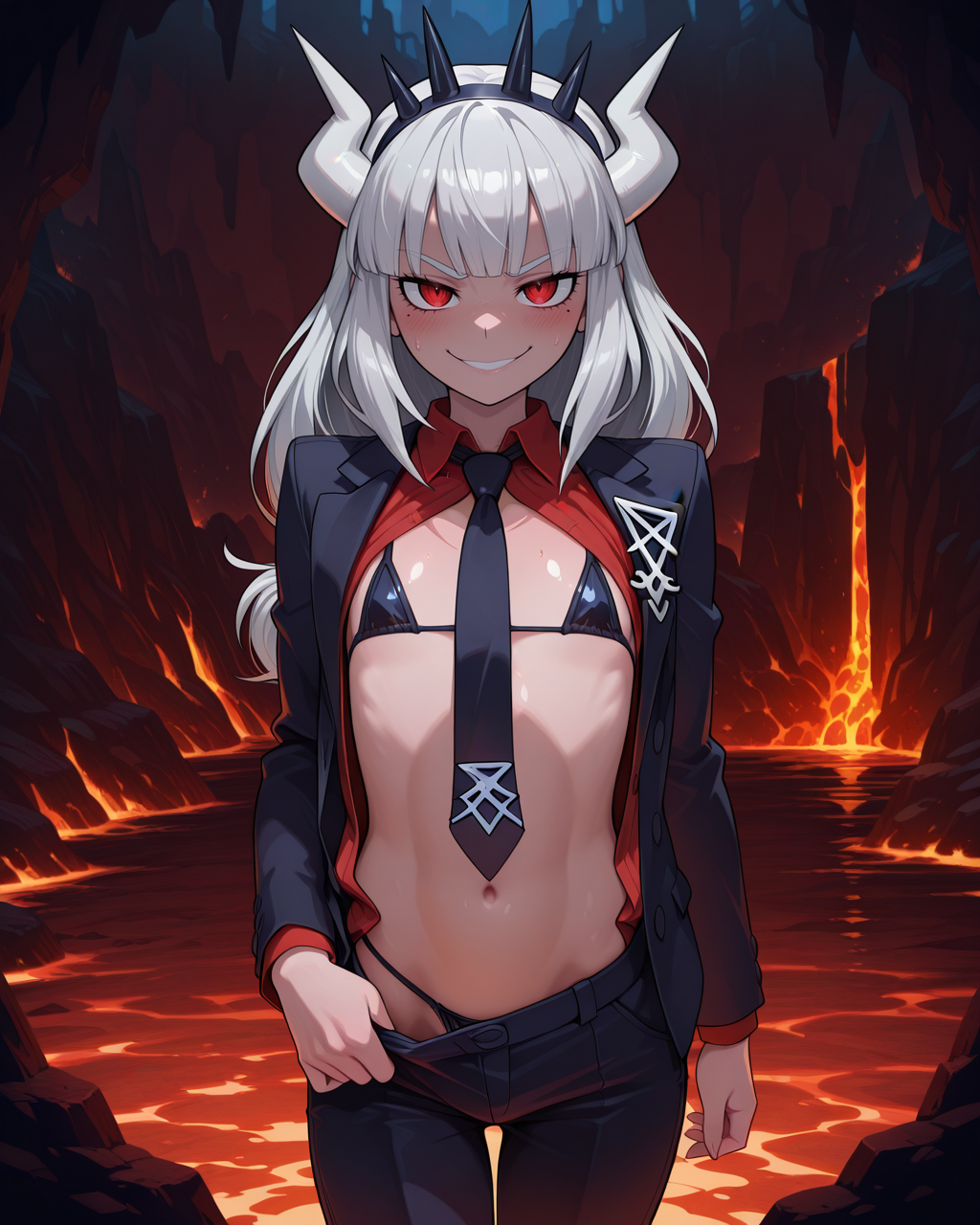 masterpiece,best quality,higres illustration,detailed face,1boy,<lora:oto_body_v2_IL:1>,otoko no ko,looking at viewer,lucifer \(helltaker\),evil smile,open clothes,clothes tug,hell,dark cave,lava,micro bikini,necktie,evil smile,pants,